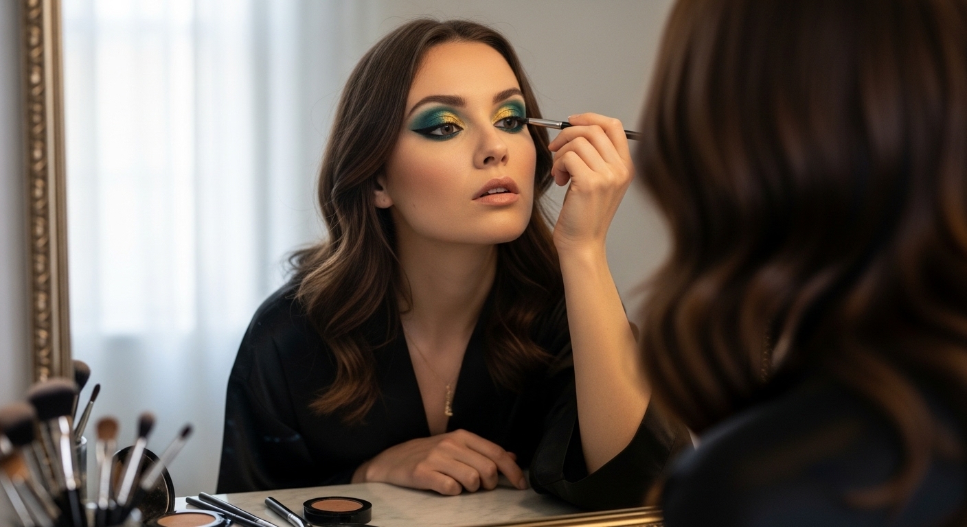 Creative makeup look with colorful eyeshadow and graphic liner